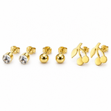 Gold Stud Earrings Set – 3 Pairs (Sparkle, Ball & Cherry)