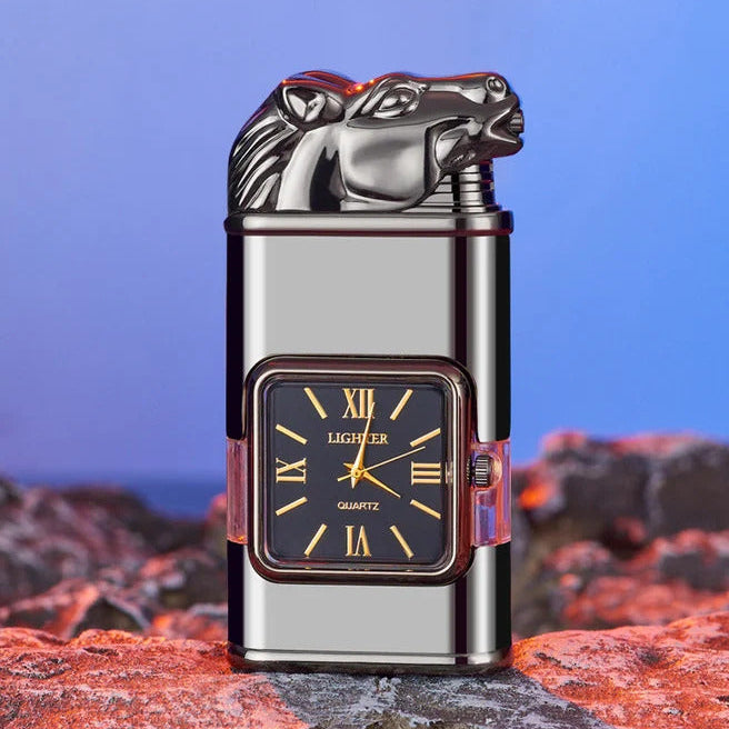Dual-Flame Horse-Head Lighter w/ Built-In Watch
