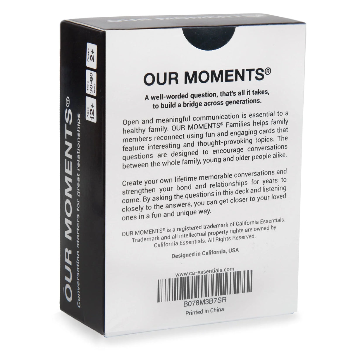 Back of the OUR MOMENTS Families box: ages 12+, 2+ players, 30 to 60 minutes