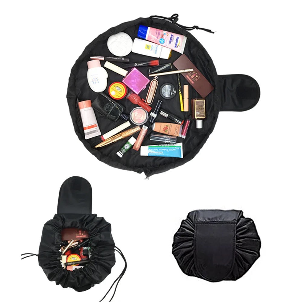 Lazy drawstring makeup bag shown open, half closed and closed