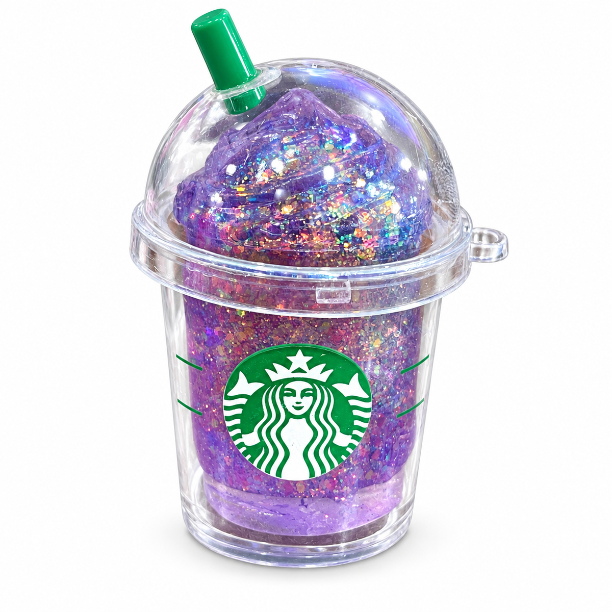 Purple glitter coffee cup squishy in a clear keychain case