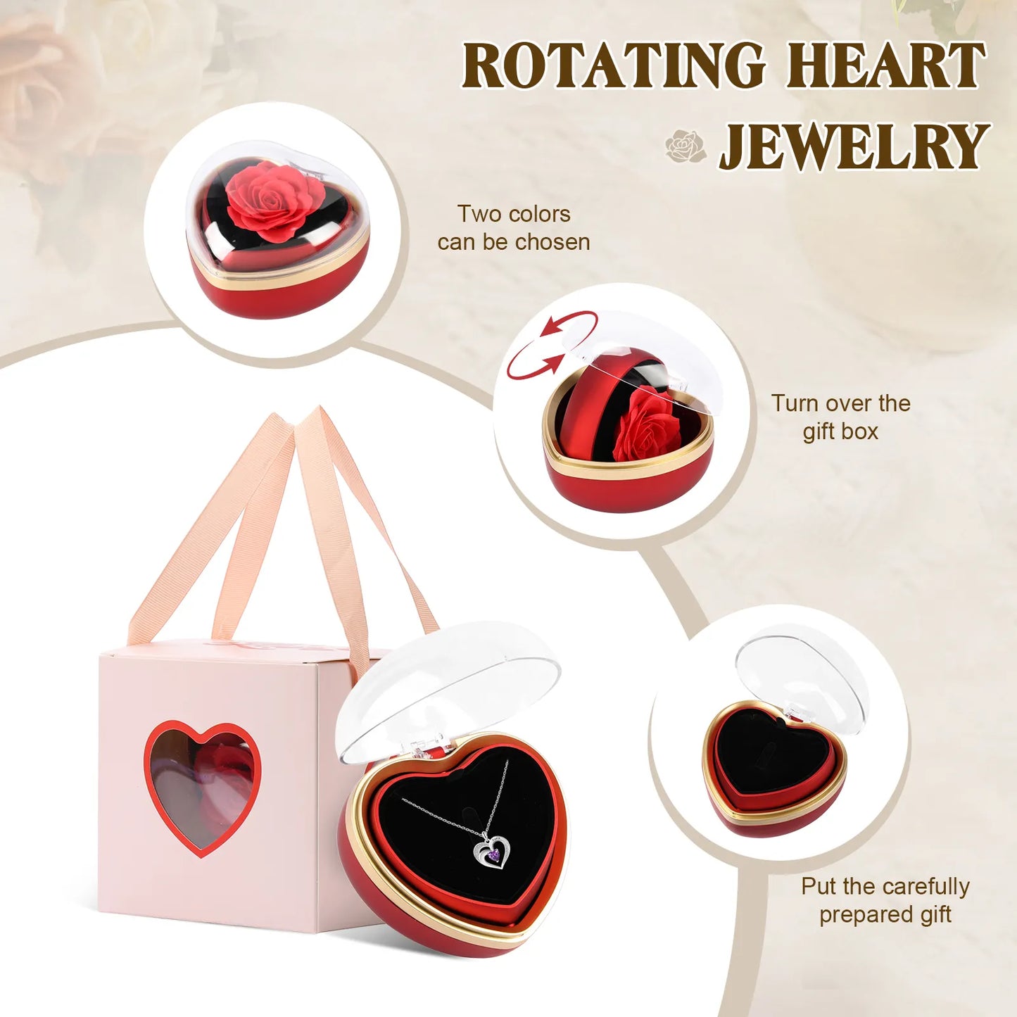 Heart-Shaped Rose Flip Rotating Ring Jewelry Box