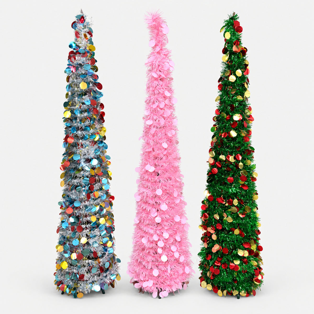 Christmas tinsel cone trees in silver, pink and green
