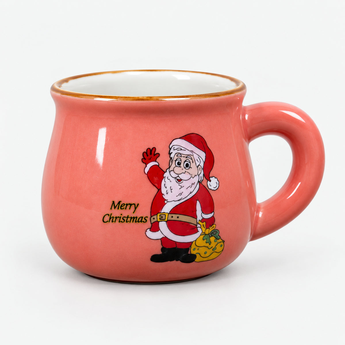 Coral rounded Christmas mug with Santa waving