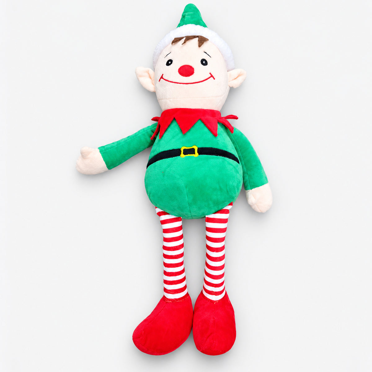 Christmas elf plushie with green outfit and striped legs