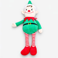 Christmas elf plushie with green outfit and striped legs