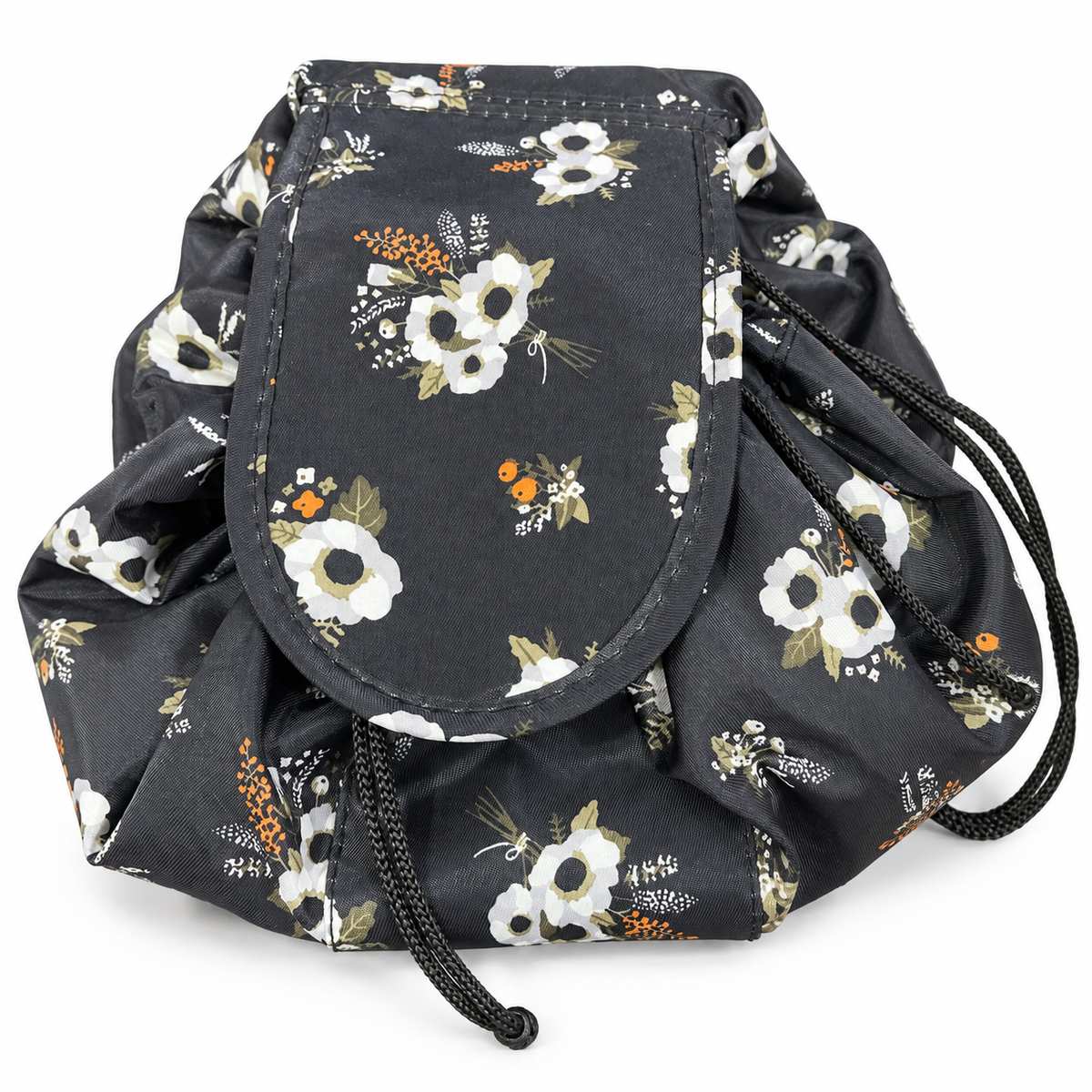 Floral print lazy drawstring makeup bag closed with drawstrings
