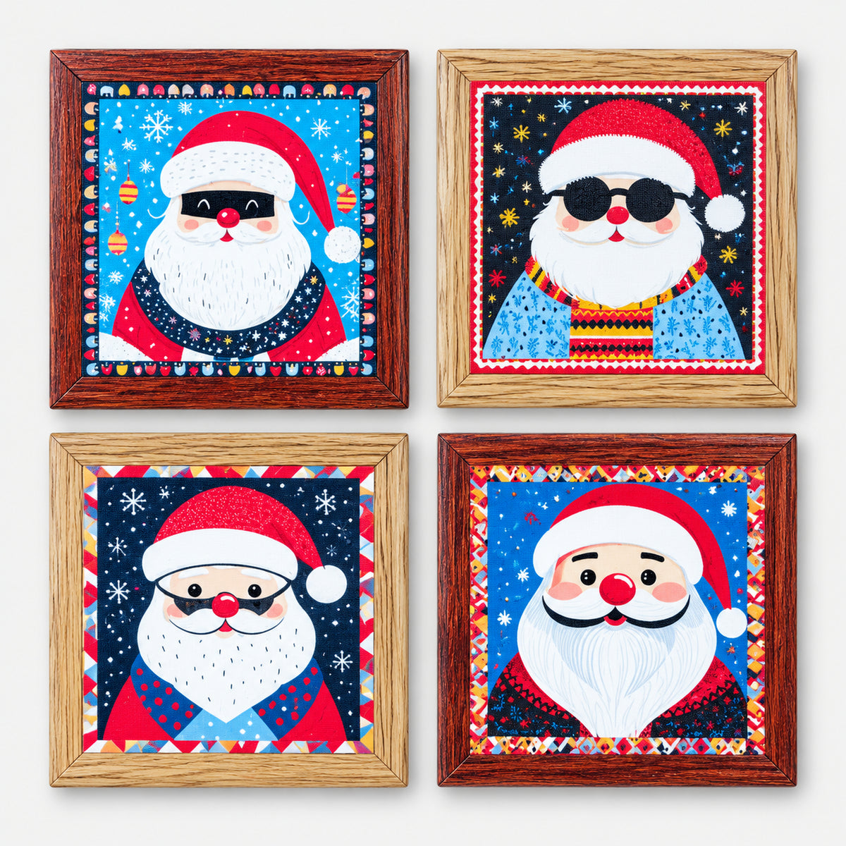 Set of 4 square Santa Christmas coasters in dark and light wood-look frames