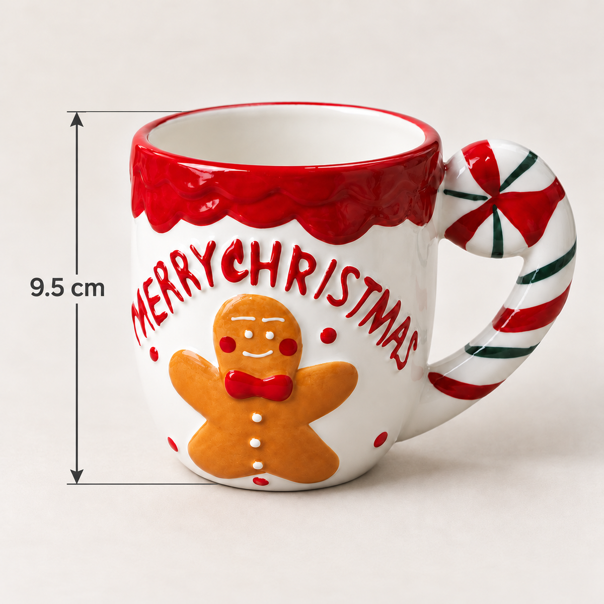 Gingerbread candy cane mug measurements: 9.5 cm high