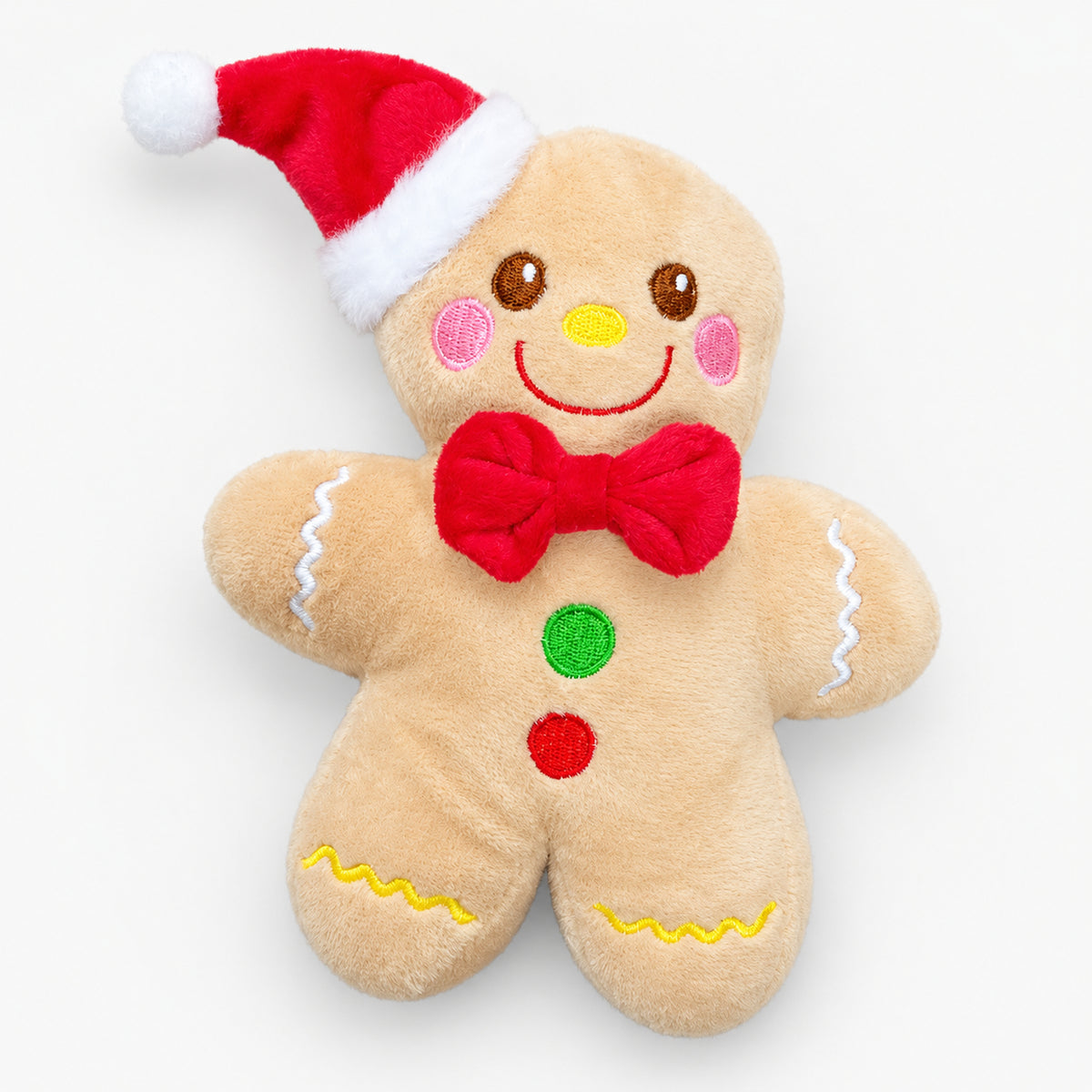 Gingerbread man plushie with a Santa hat and red bow tie
