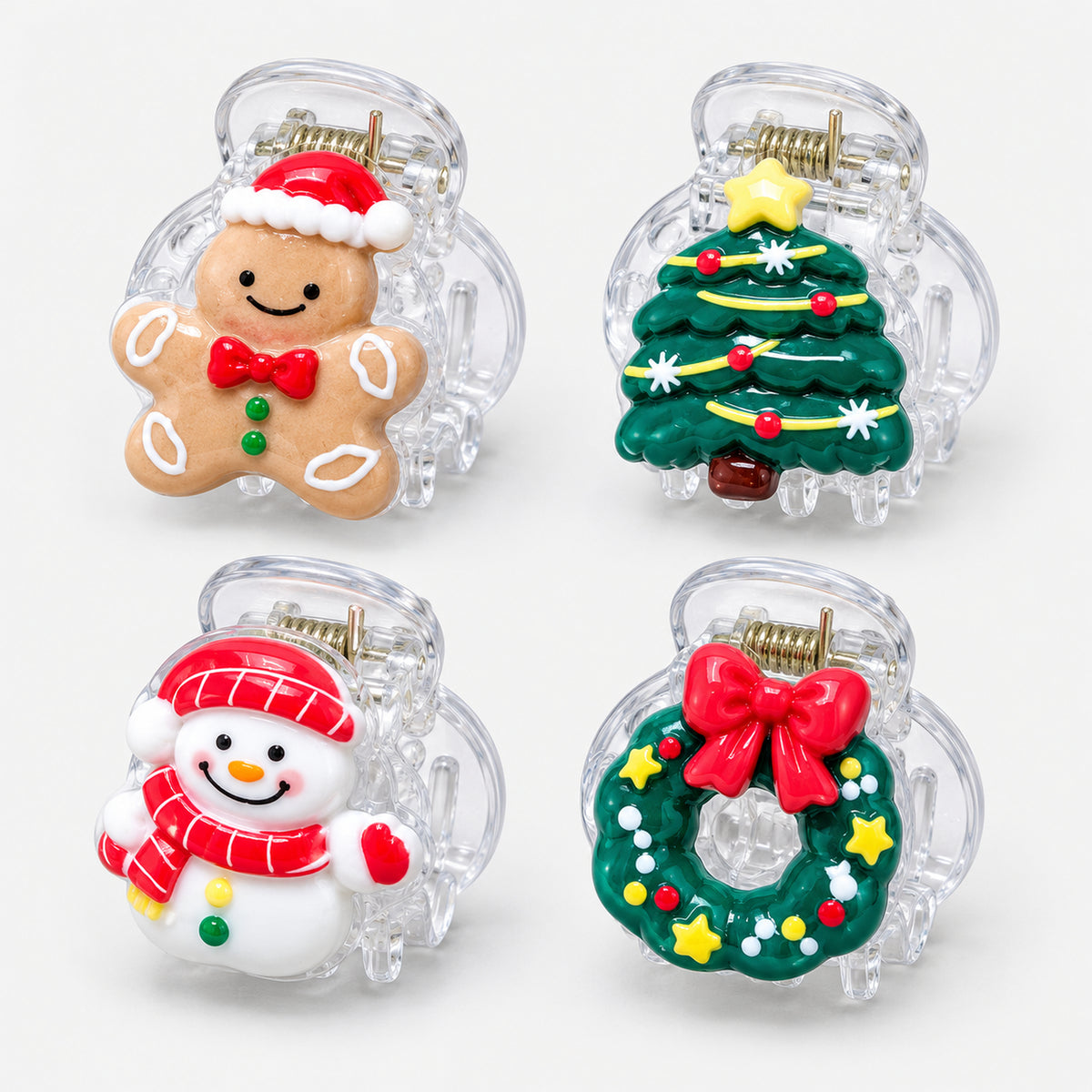 Christmas mini claw hair clips with gingerbread, tree, snowman and wreath charms
