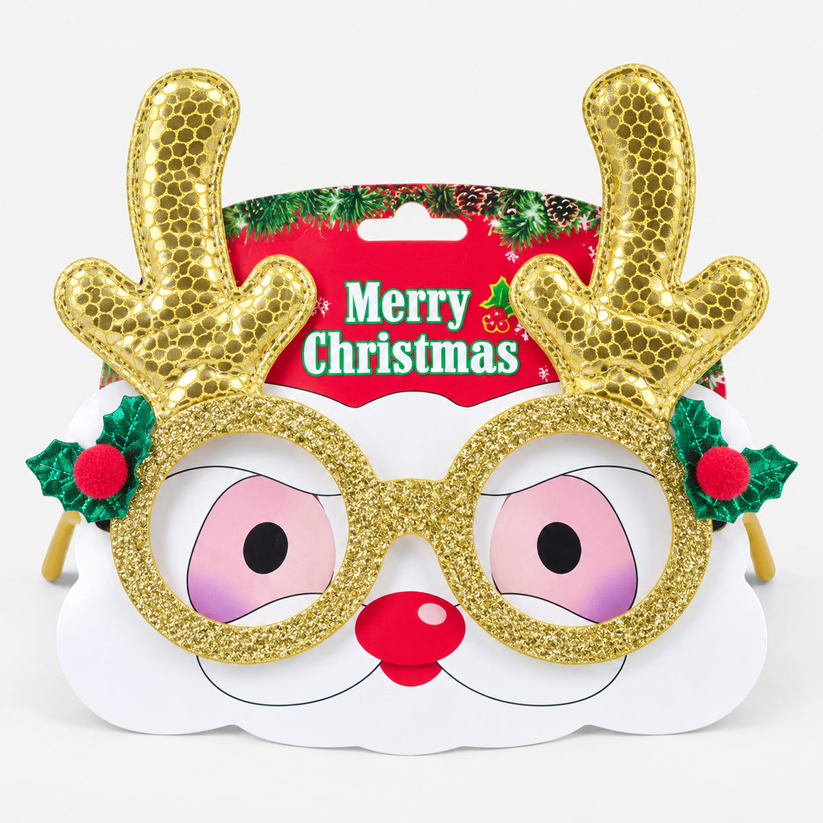 Gold reindeer antler Christmas party glasses on their Merry Christmas card