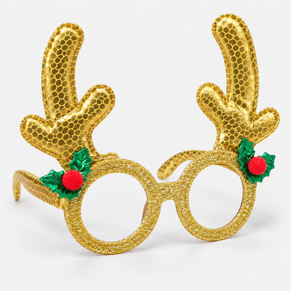 Gold reindeer antler party glasses with gold glitter frame and holly