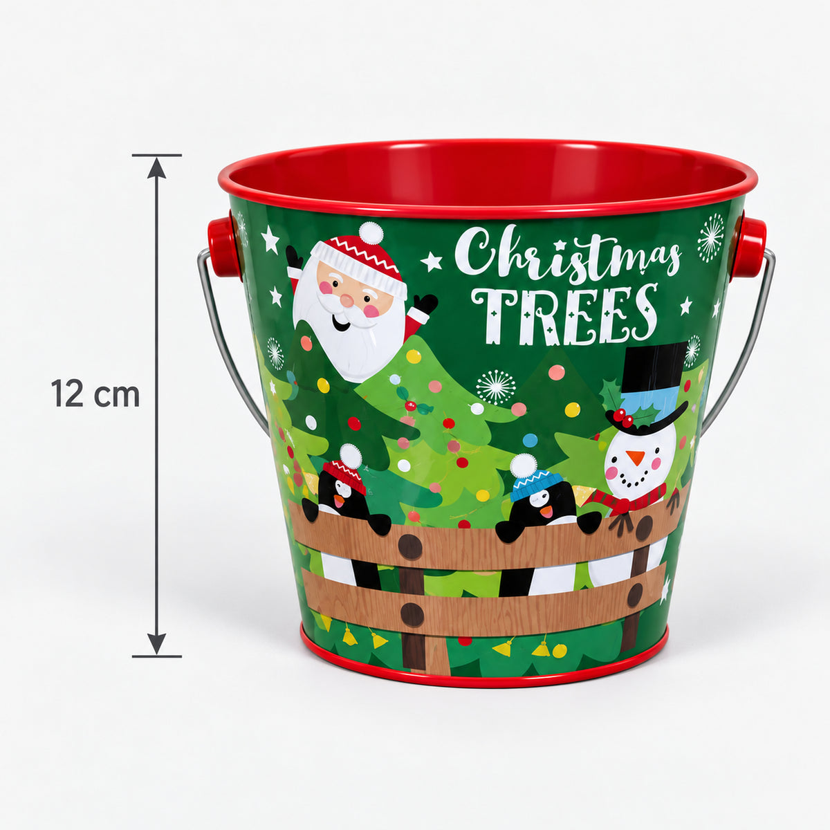 Green Christmas trees tin bucket measurements: 12 cm high