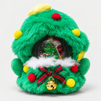 Green Christmas tree plush snow globe with a yellow star, pom poms and a bell