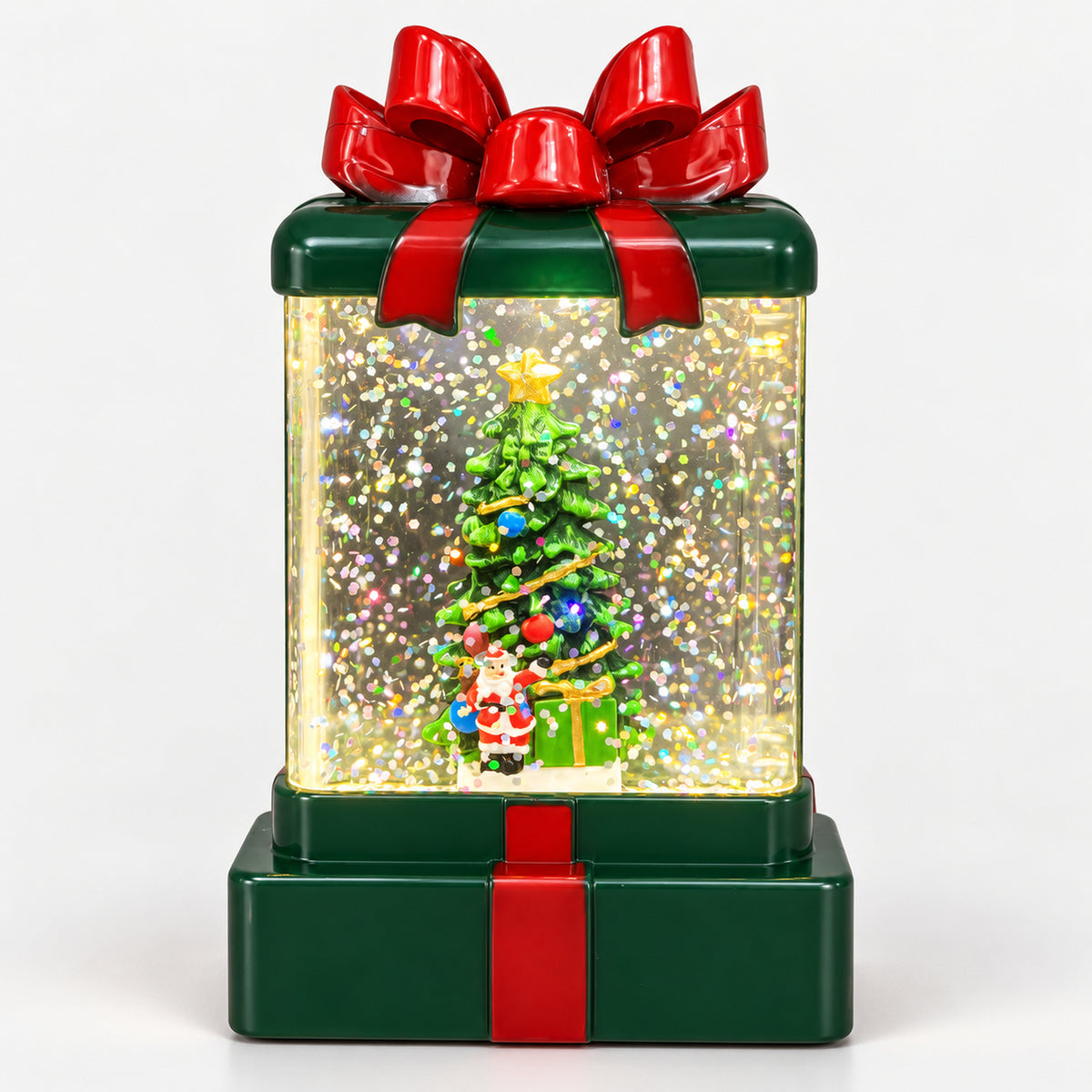 Christmas gift box lantern lit up with sparkling glitter