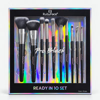 10-piece black makeup brush set in a holographic window box