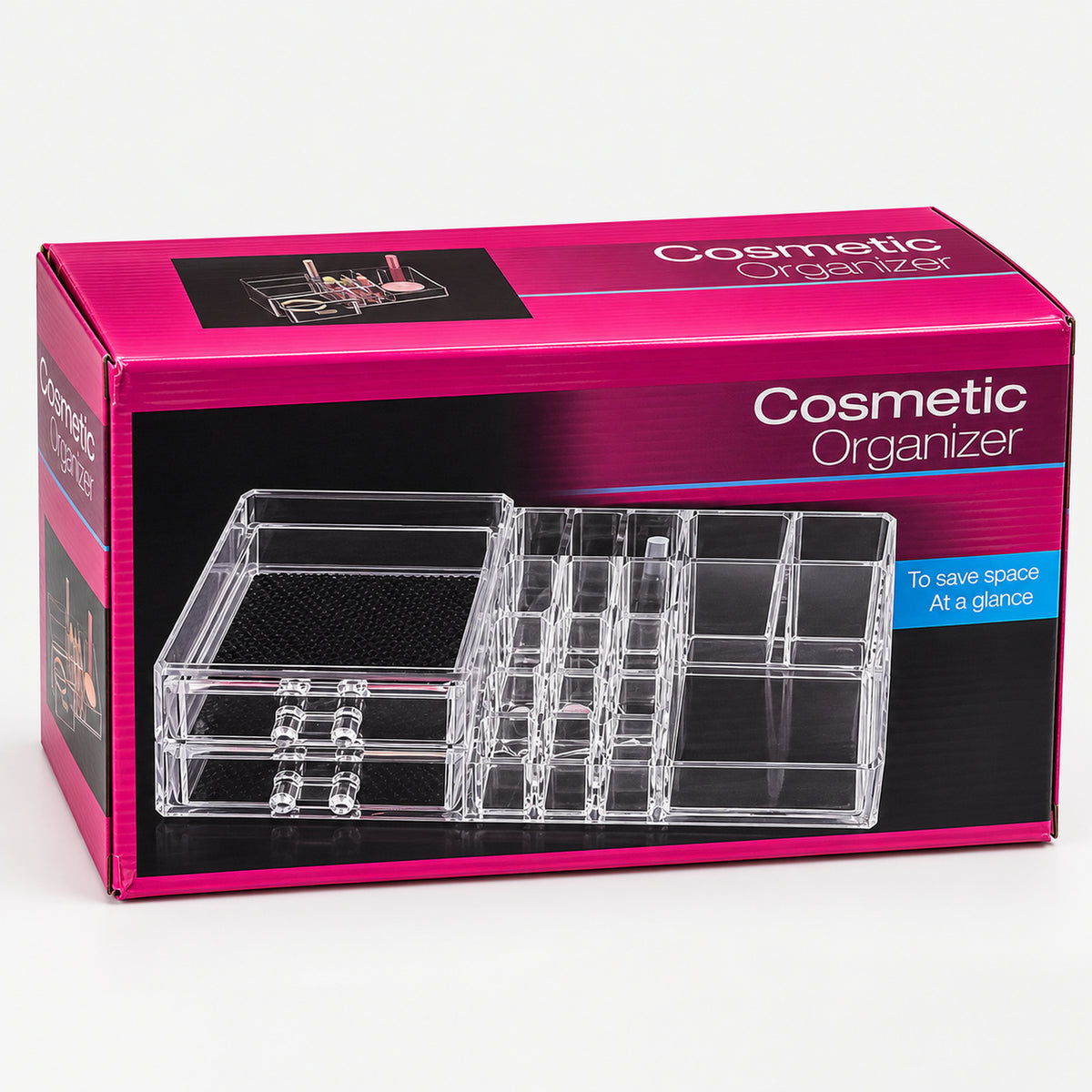 Clear makeup organizer with 2 drawers in its box