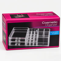 Clear makeup organizer with 2 drawers in its box