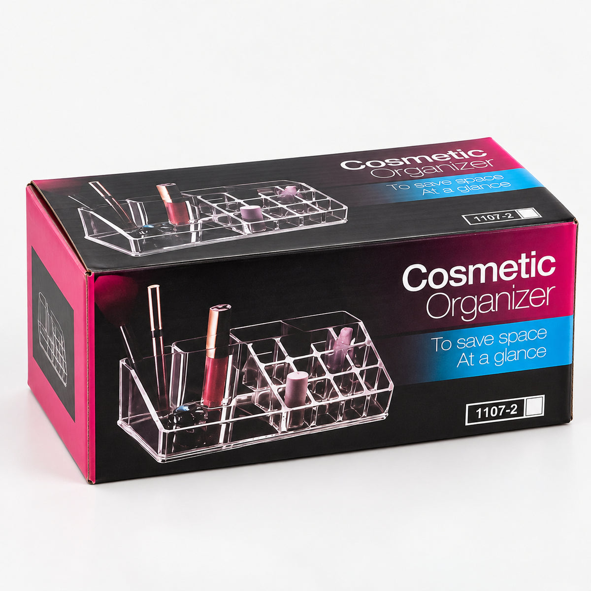 Clear makeup organizer in its box