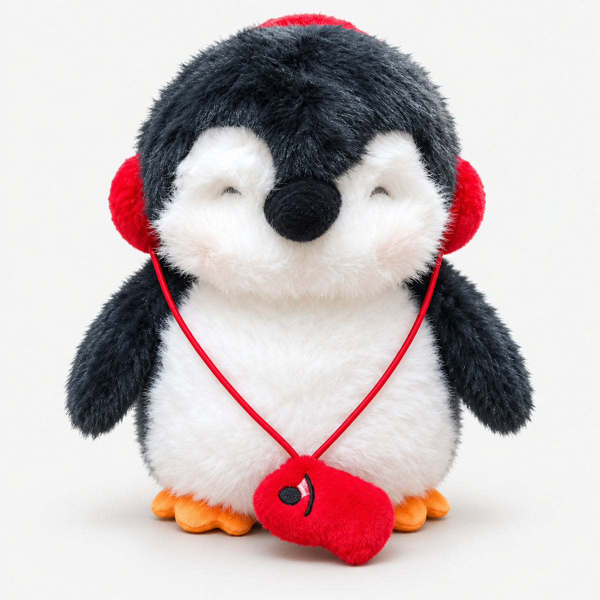 Christmas penguin plushie with red earmuffs and a red mitten necklace