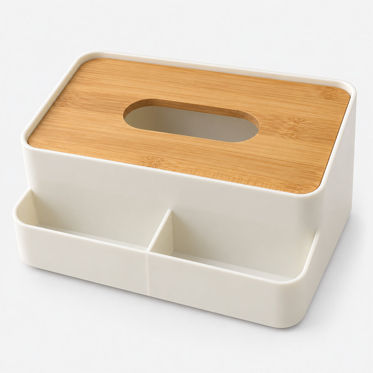 White tissue box holder with wood-look lid and 2 front compartments