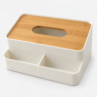 White tissue box holder with wood-look lid and 2 front compartments
