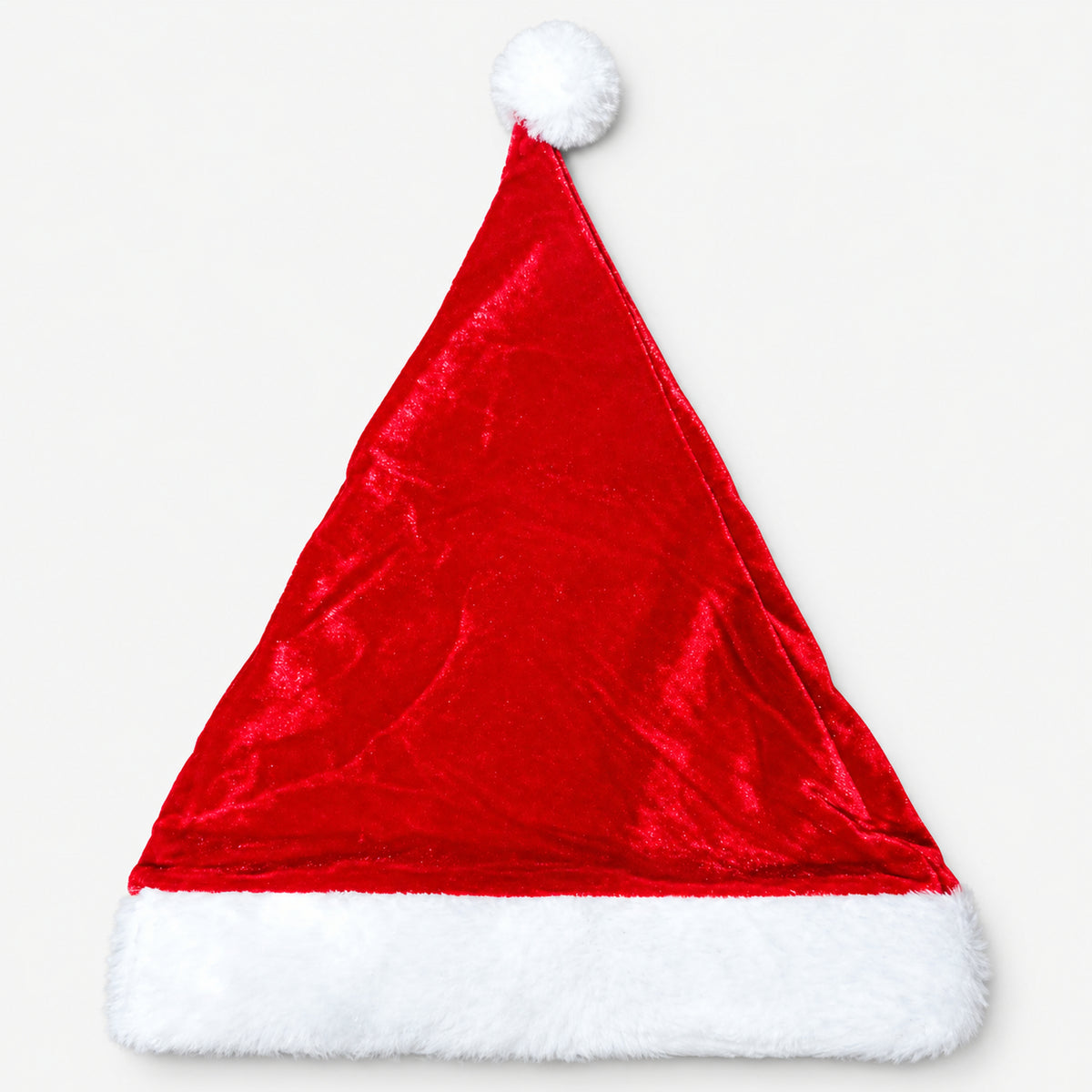 Red velvet plush Santa hat with white trim and pom-pom