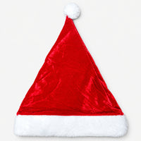 Red velvet plush Santa hat with white trim and pom-pom