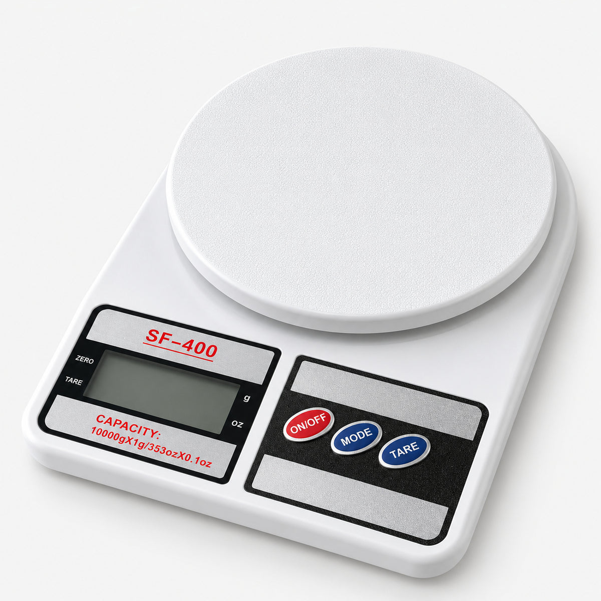 SF-400 white digital kitchen scale with a round platform