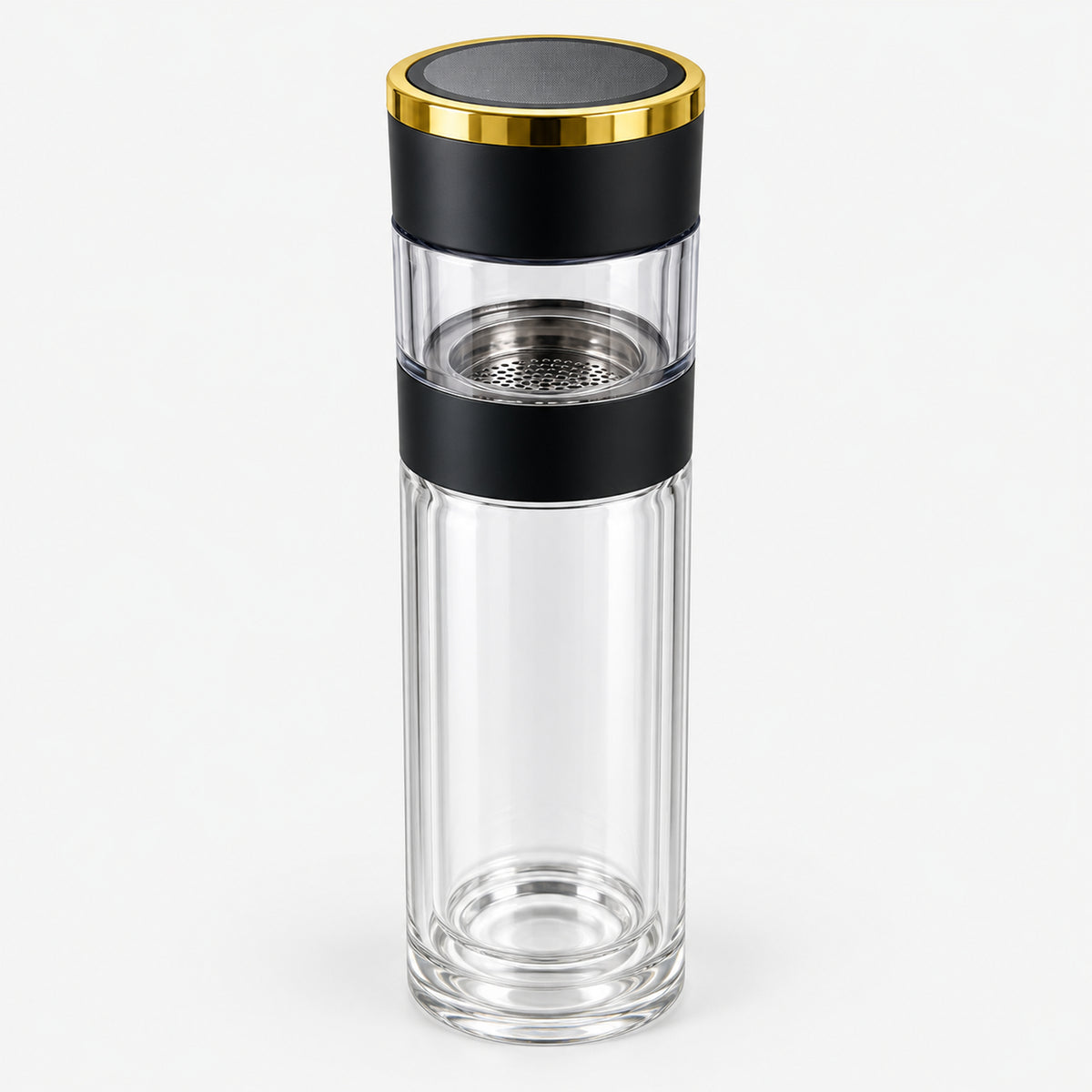 Double-wall glass tea infuser bottle with black and gold lid