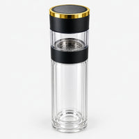 Double-wall glass tea infuser bottle with black and gold lid