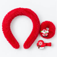 Red fluffy Christmas hair set with headband, Santa scrunchie and mitten clip