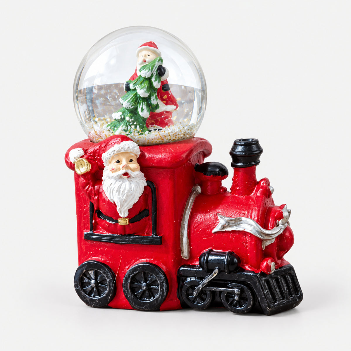 Red Christmas train snow globe with Santa in the window and a Santa and tree globe on top