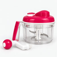 Hand crank manual food chopper with a clear bowl, blades and crank handle