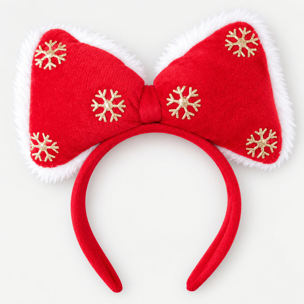 Red plush bow headband with gold snowflakes and a fluffy white trim