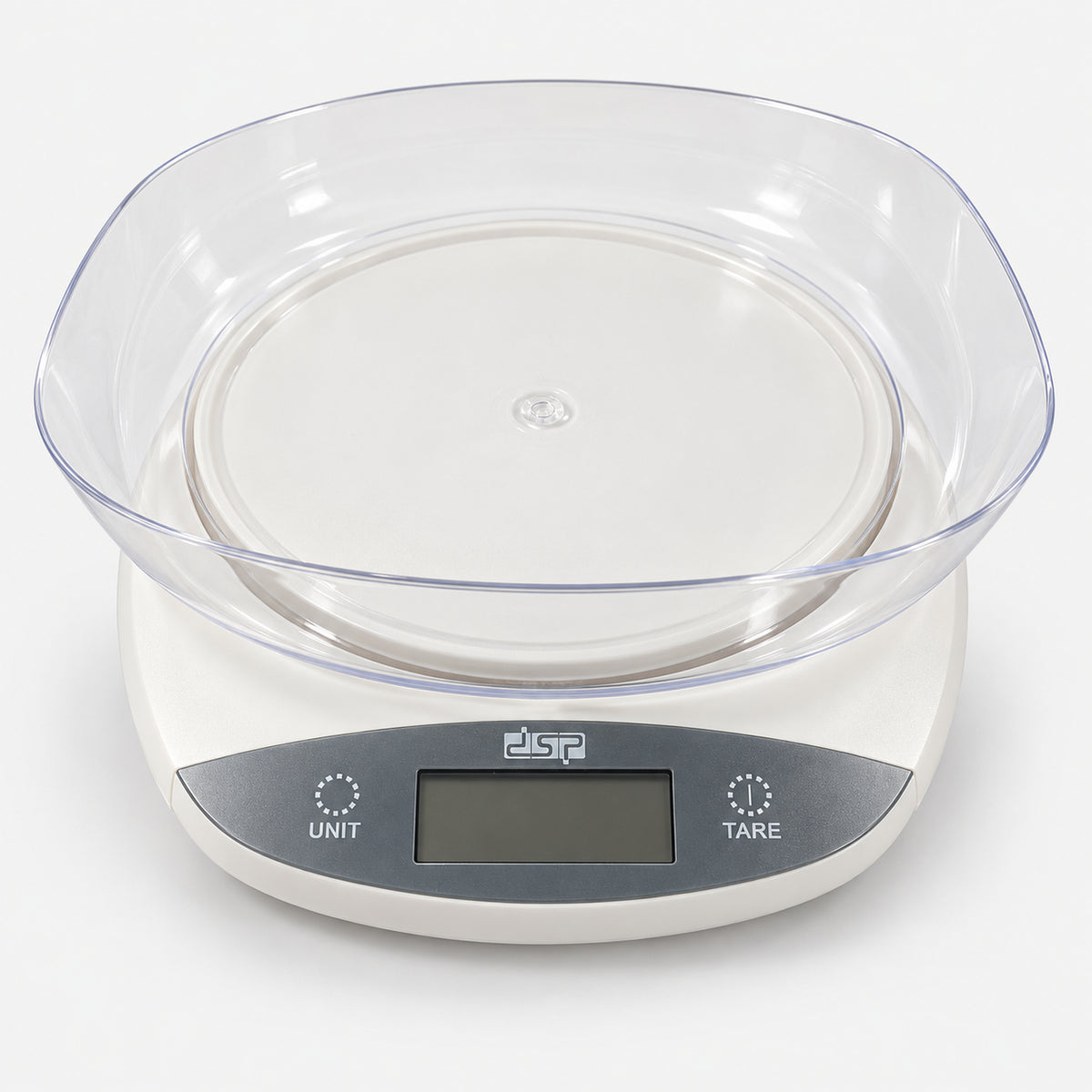Digital kitchen scale with a clear removable bowl