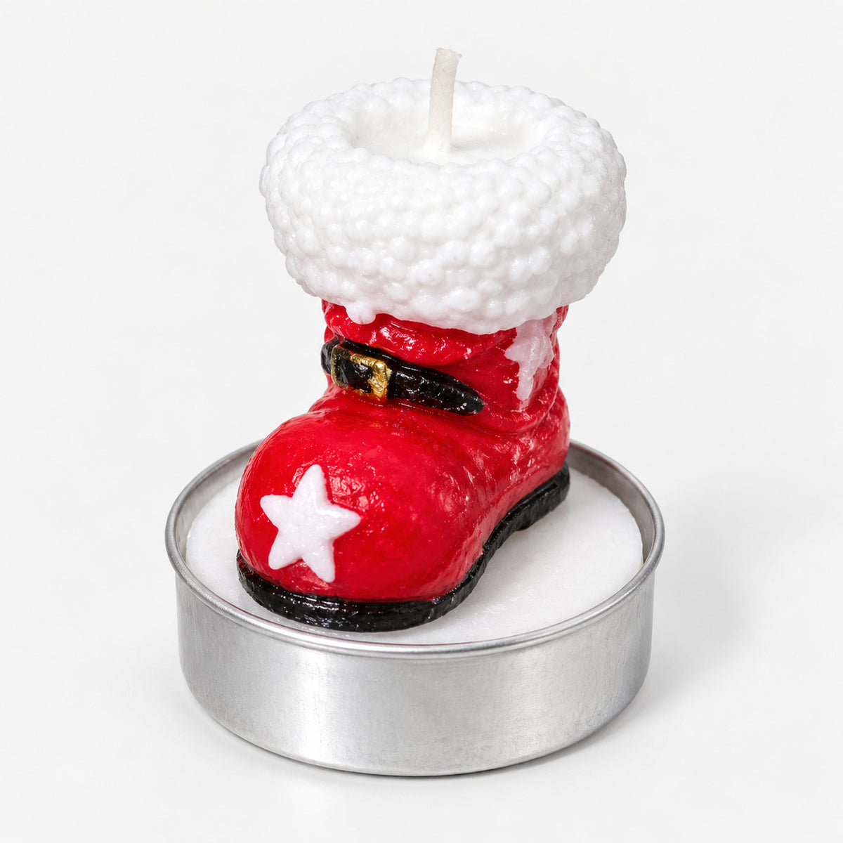 Santa boot Christmas tea light candle in a silver cup