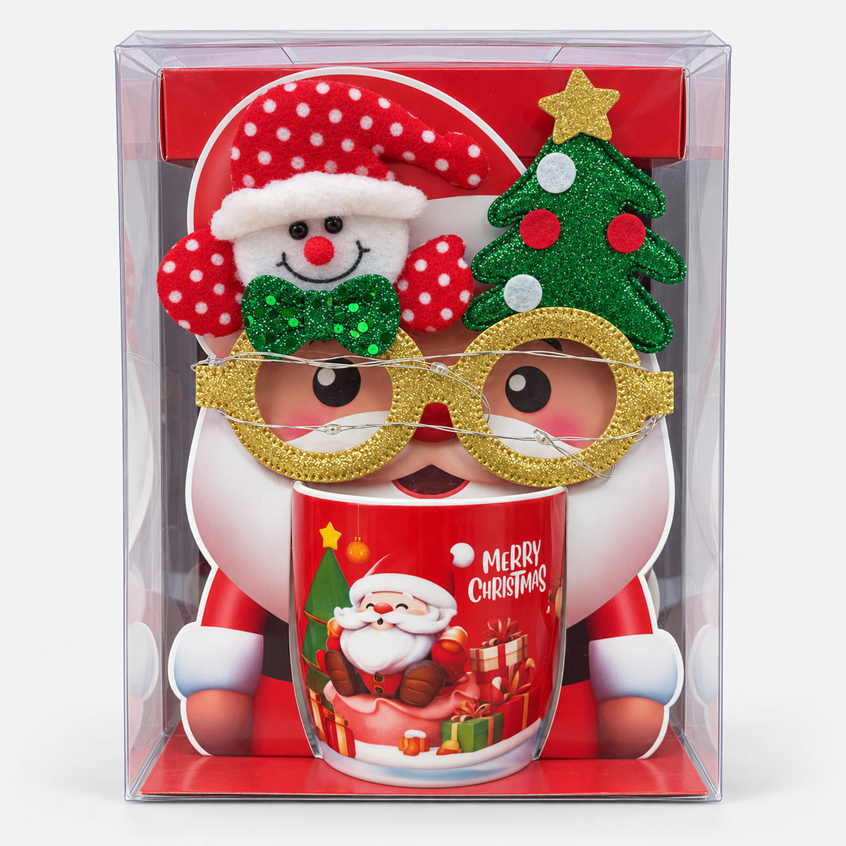Christmas mug with red seated Santa design and party glasses in a gift box