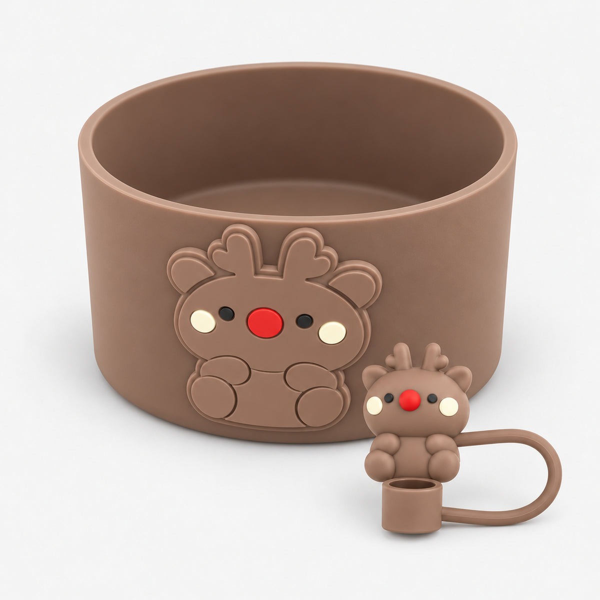 Brown silicone tumbler boot with 3D reindeer and matching straw topper