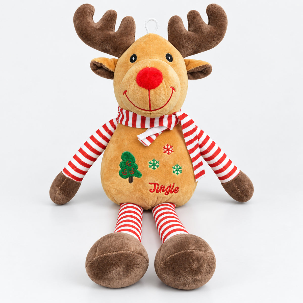 Christmas reindeer plushie with red pom nose, striped scarf and Jingle tummy