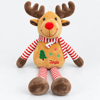 Christmas reindeer plushie with red pom nose, striped scarf and Jingle tummy