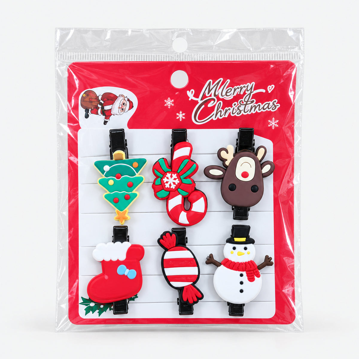 Reindeer and snowman Christmas hair clip set on a Merry Christmas card