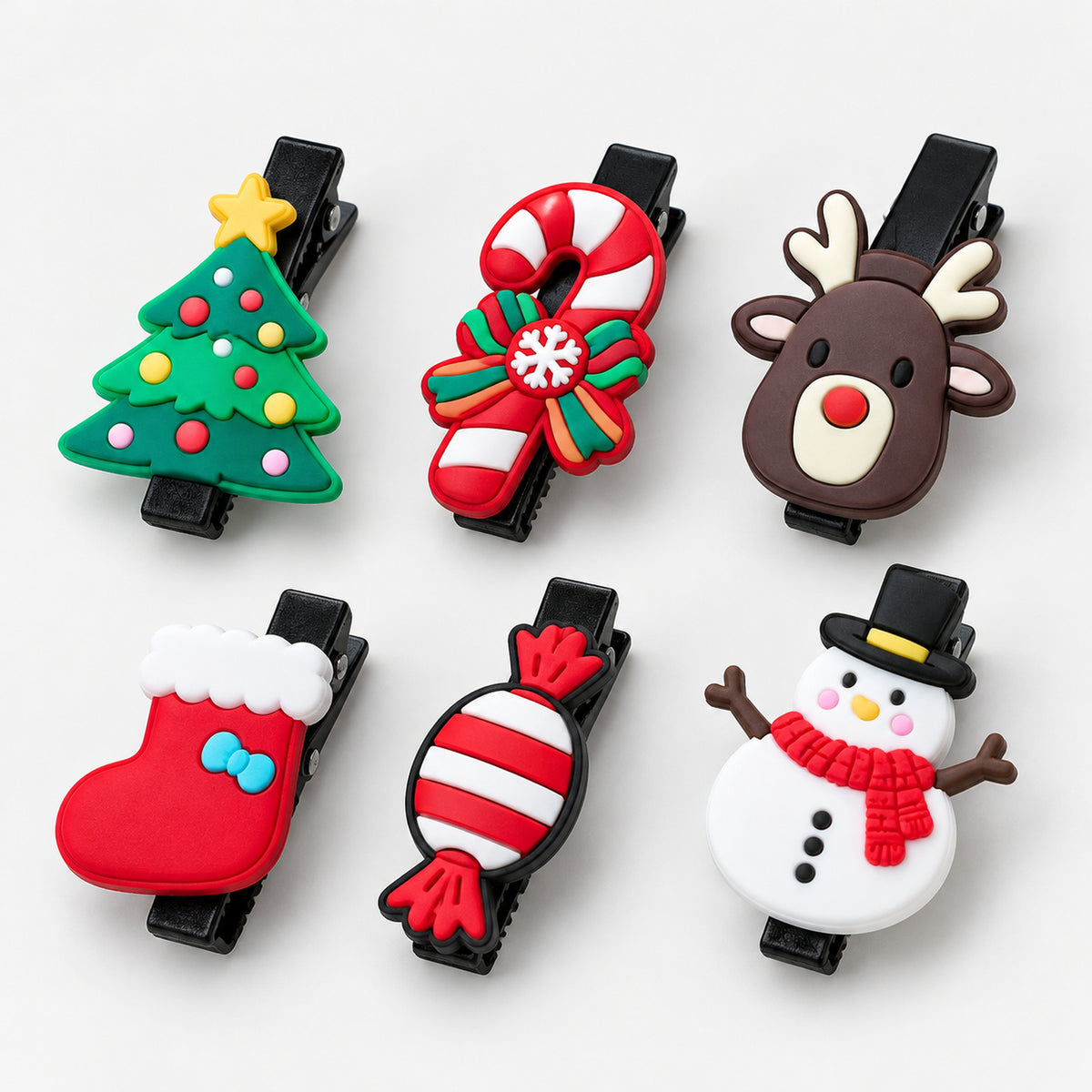 6pcs Christmas PVC hair clips with tree, candy cane, reindeer, stocking, candy and snowman
