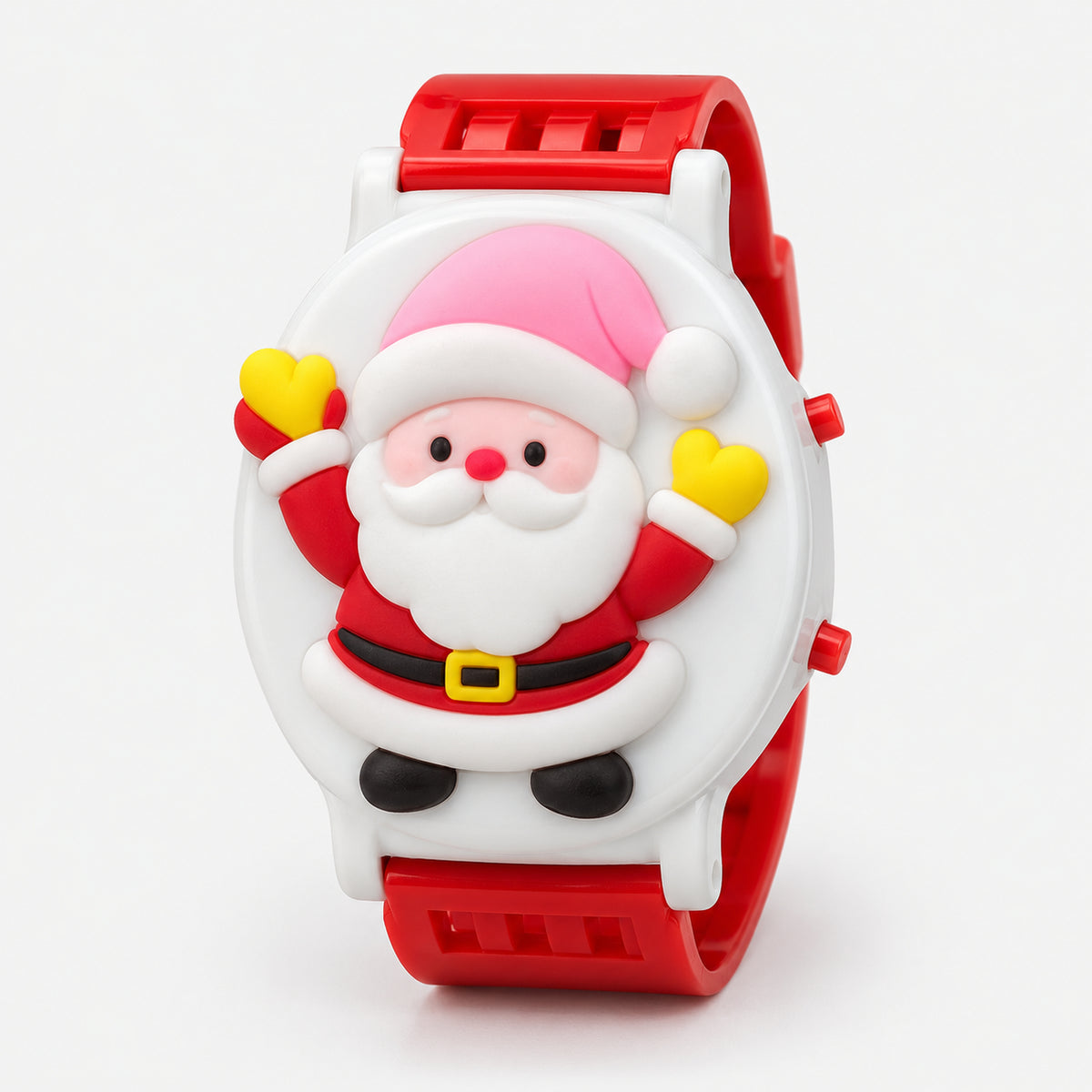 Kids' Christmas watch with Santa in a pink hat and yellow gloves, red strap