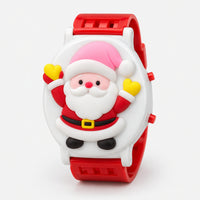 Kids' Christmas watch with Santa in a pink hat and yellow gloves, red strap