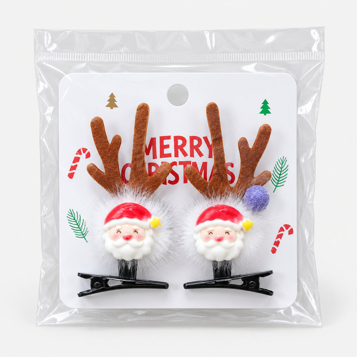 Santa antler Christmas hair clips on a Merry Christmas card