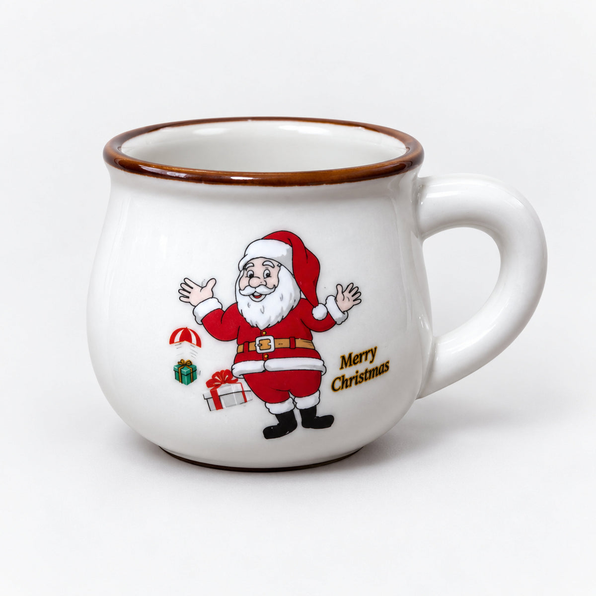 White large rounded Christmas mug with a Santa arms up print and gold Merry Christmas