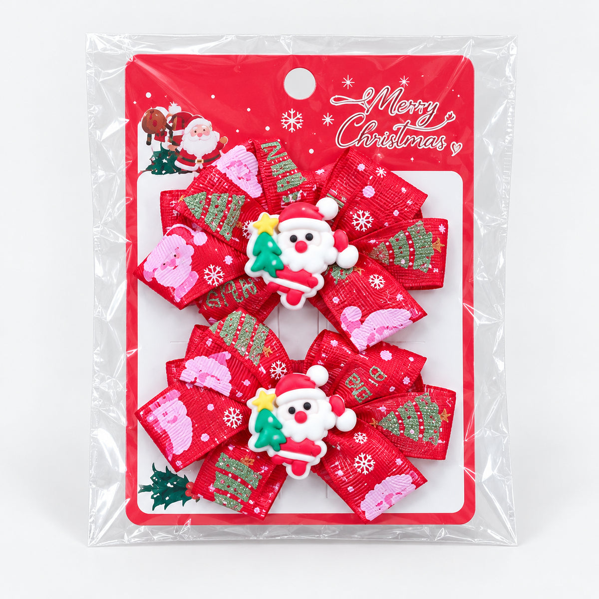 Santa Christmas bow hair clips on a Merry Christmas card