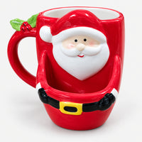 Red ceramic Santa cookie mug with a front cookie pocket and holly handle